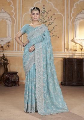 Blue Solid Silk Saree Set
