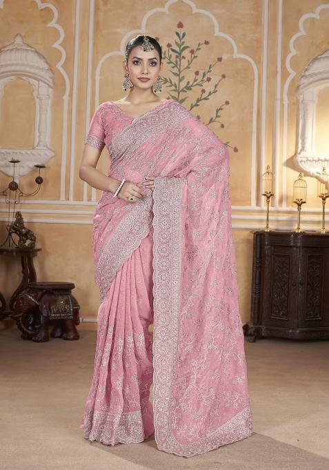 Pink Solid Silk Saree Set
