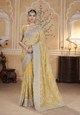 Yellow Solid Silk Saree Set