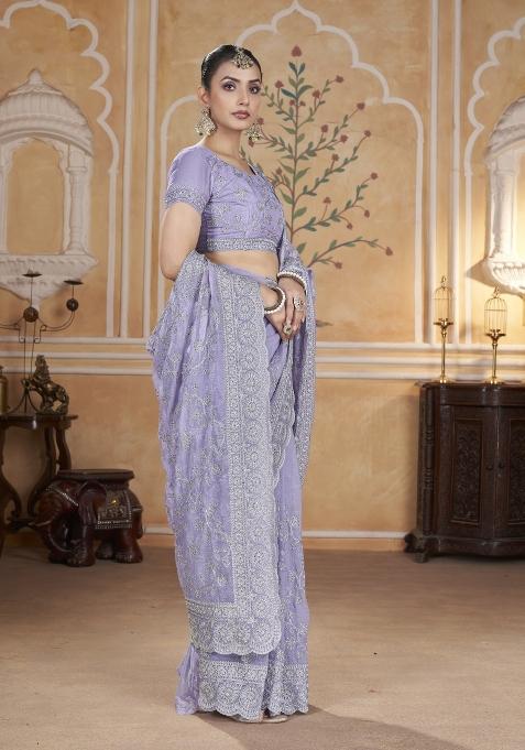 Blue Solid Silk Saree Set