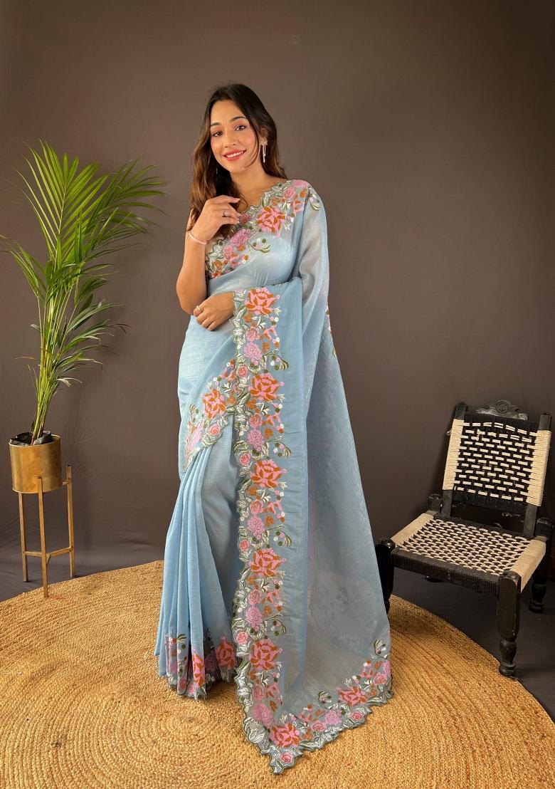 Blue Solid Soft Silk Saree Set