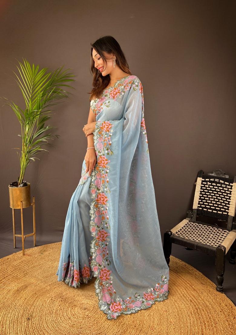 Blue Solid Soft Silk Saree Set