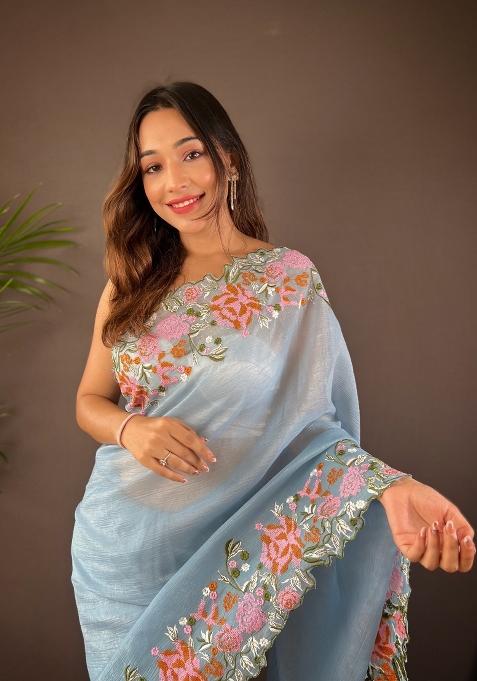 Blue Solid Soft Silk Saree Set