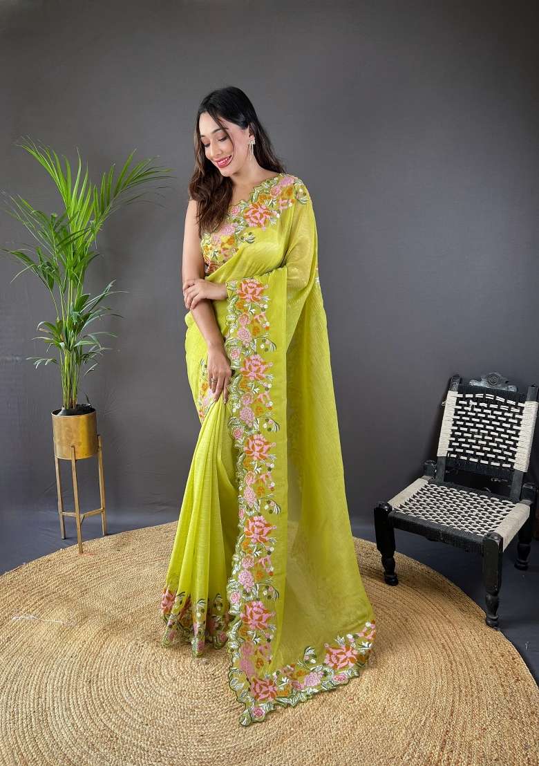 Yellow Solid Soft Silk Saree Set for Diwali | Wedding & Festive Wear - Indya