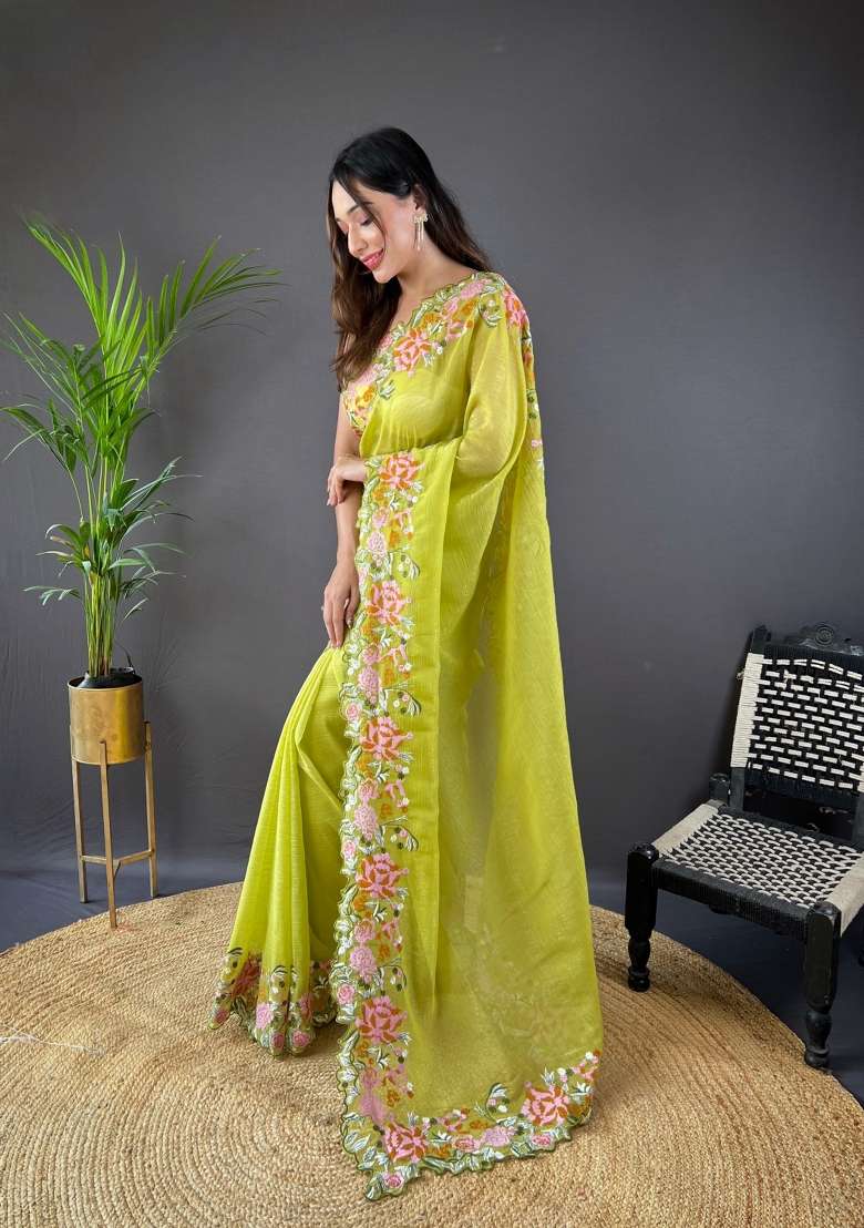 Yellow Solid Soft Silk Saree Set for Diwali | Wedding & Festive Wear - Indya