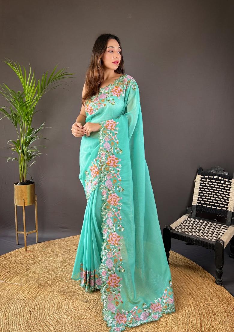 Blue Solid Soft Silk Saree Set