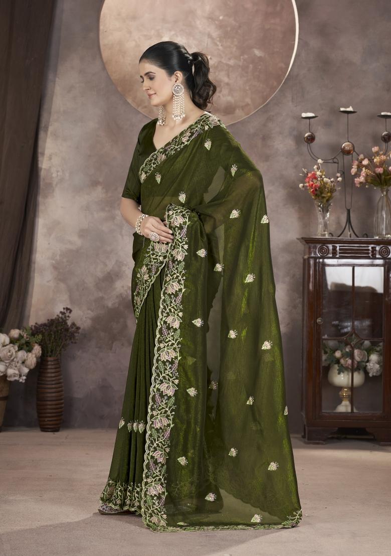 Green Solid Silk Saree Set