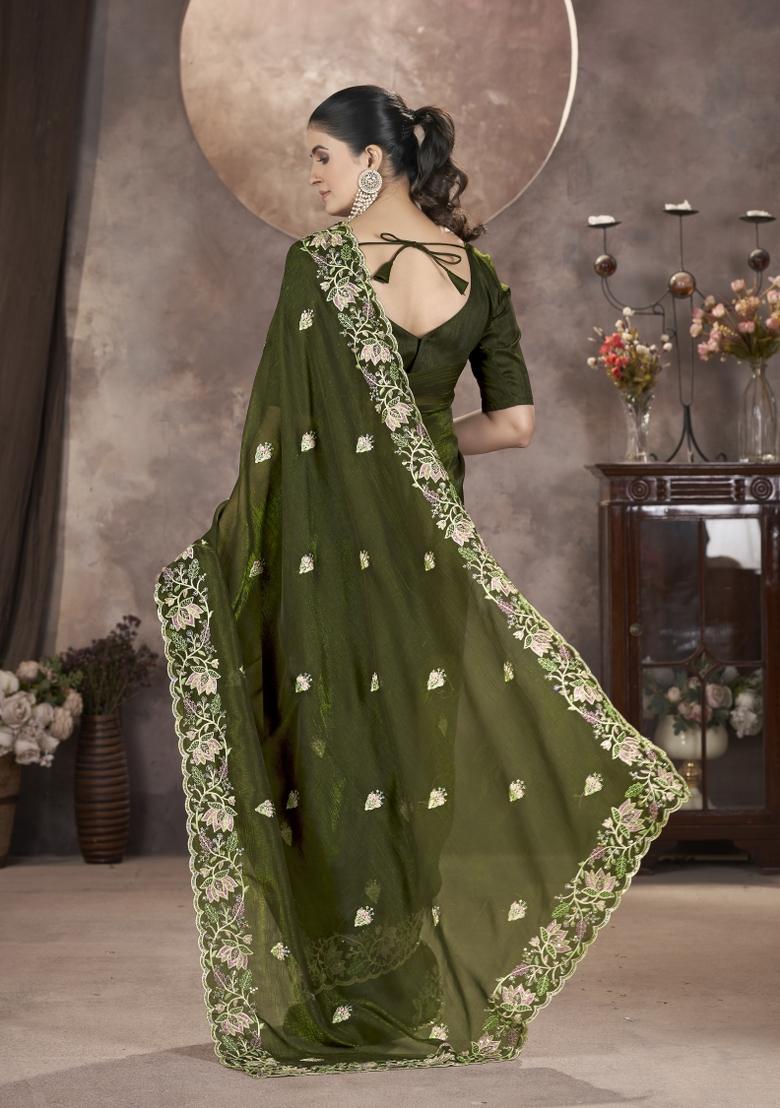 Green Solid Silk Saree Set