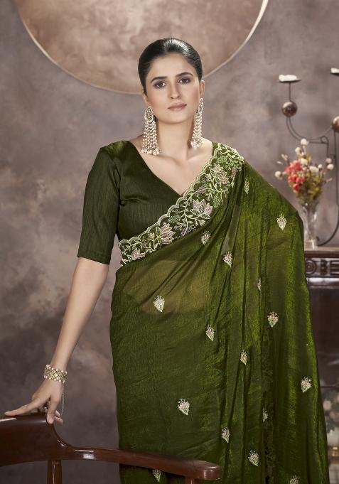 Green Solid Silk Saree Set