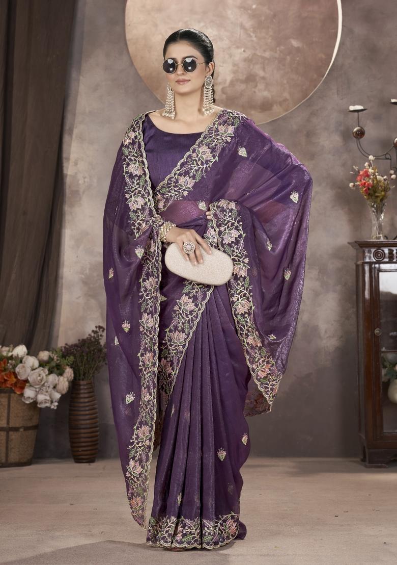 Wine Solid Silk Saree Set