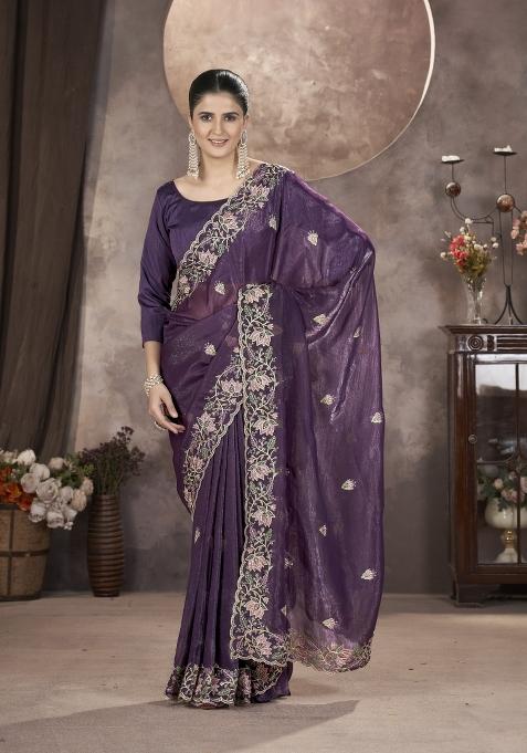 Wine Solid Silk Saree Set