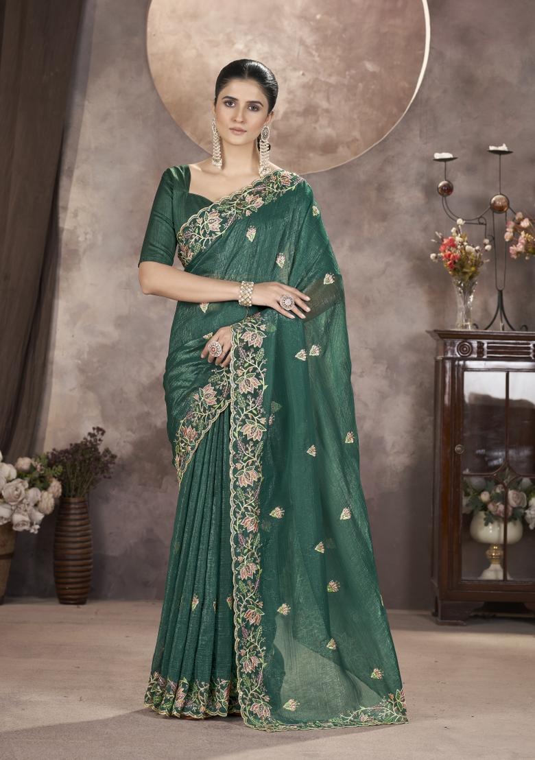 Green Solid Silk Saree Set