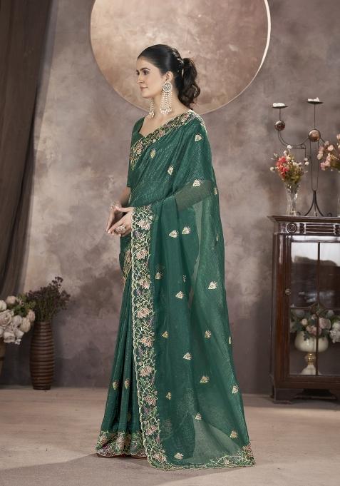 Green Solid Silk Saree Set
