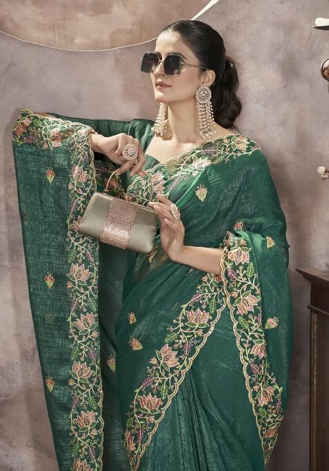 Green Solid Silk Saree Set