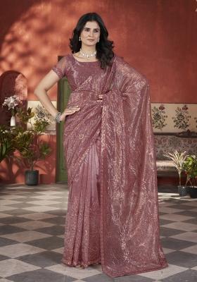 Brown Solid Tissu Net Saree Set