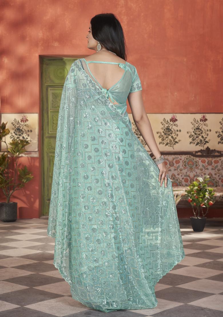 Blue Solid Tissu Net Saree Set