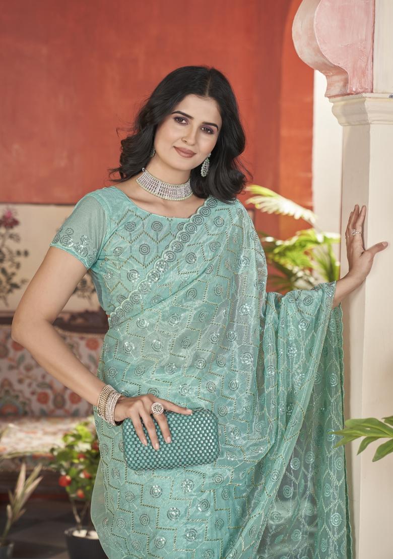 Blue Solid Tissu Net Saree Set