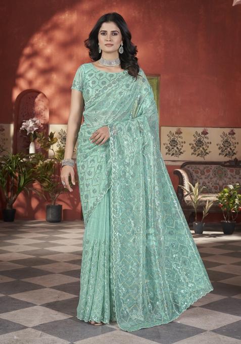 Blue Solid Tissu Net Saree Set