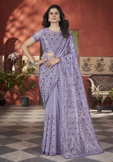 Blue Solid Tissu Net Saree Set