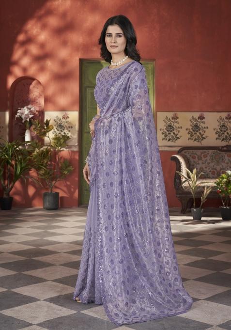 Blue Solid Tissu Net Saree Set