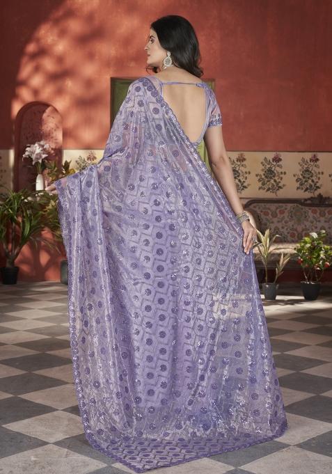 Blue Solid Tissu Net Saree Set