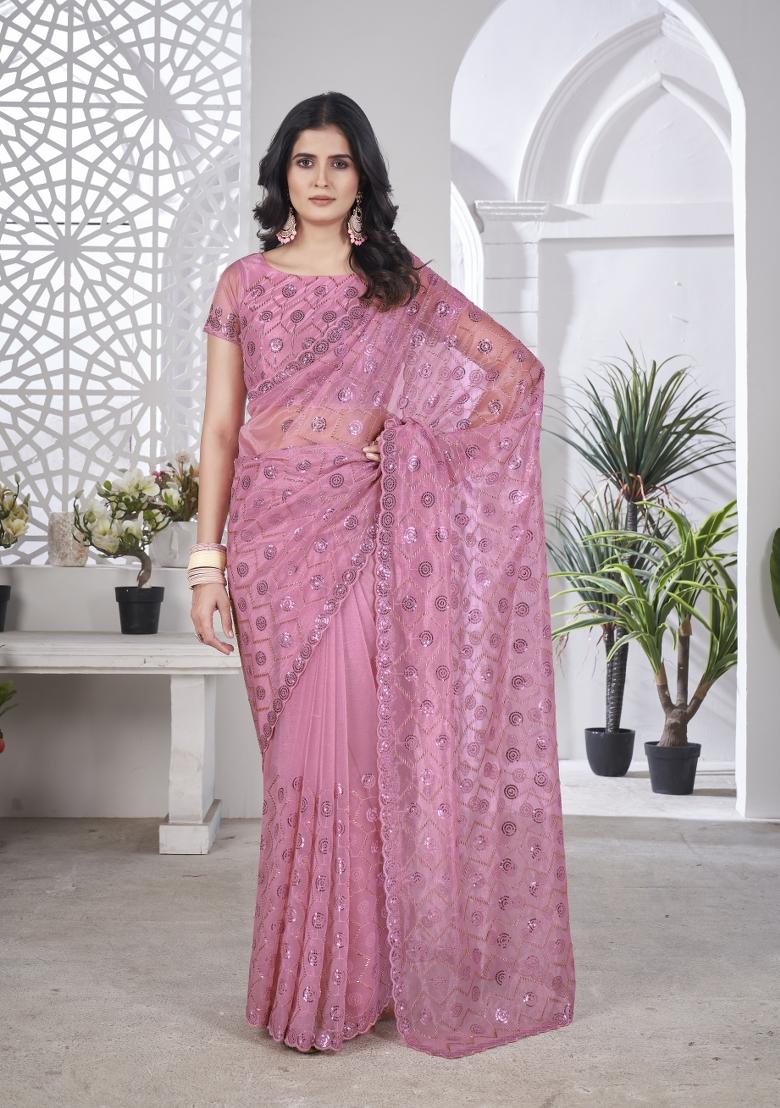 Pink Solid Tissu Net Saree Set
