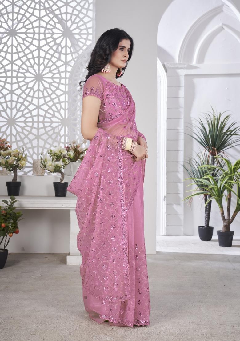 Pink Solid Tissu Net Saree Set