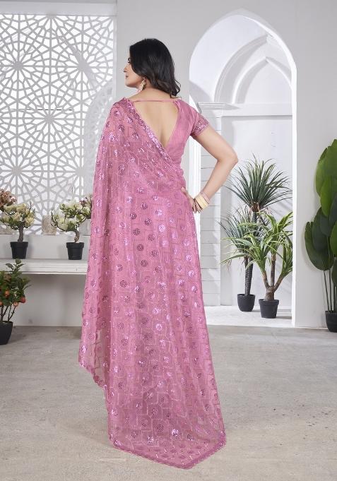 Pink Solid Tissu Net Saree Set