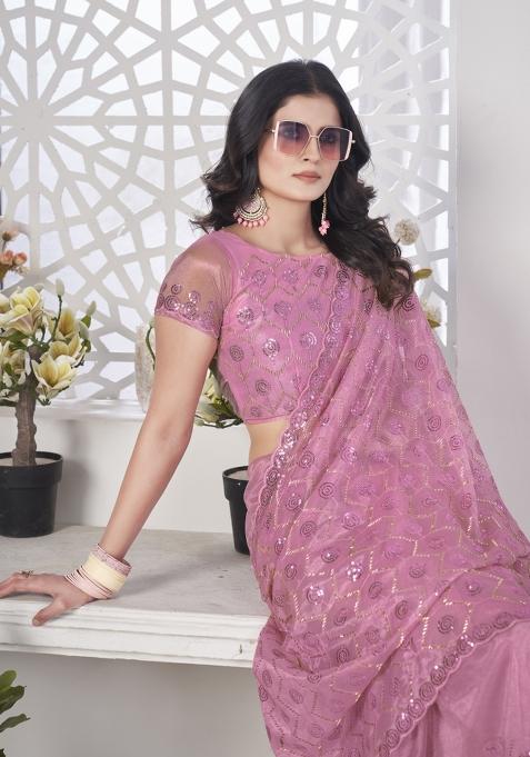 Pink Solid Tissu Net Saree Set