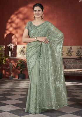 Green Solid Tissu Net Saree Set
