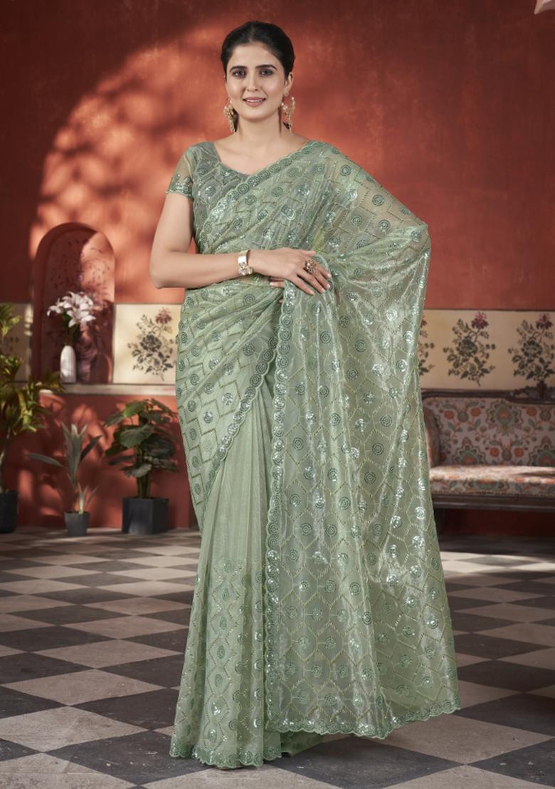 Green Solid Tissu Net Saree Set
