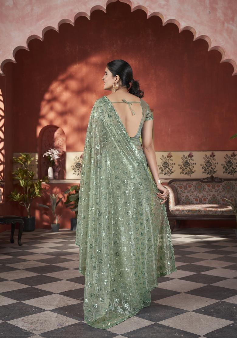 Green Solid Tissu Net Saree Set