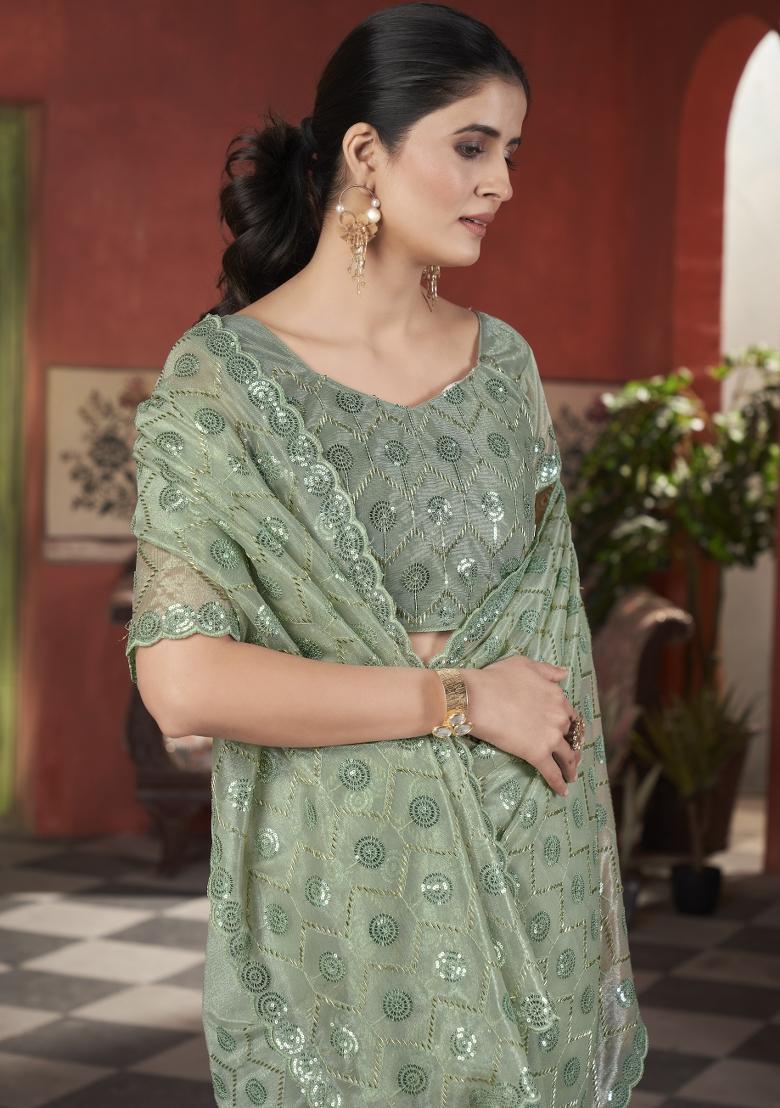 Green Solid Tissu Net Saree Set