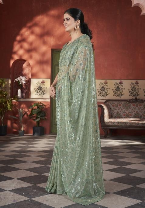Green Solid Tissu Net Saree Set