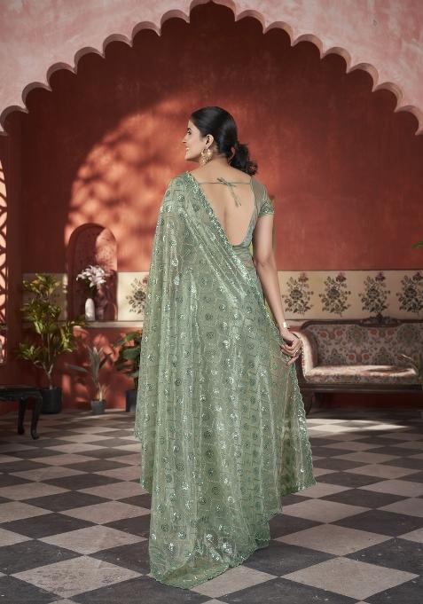 Green Solid Tissu Net Saree Set