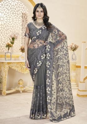 Grey Solid Heavy Butterfly Net Saree Set