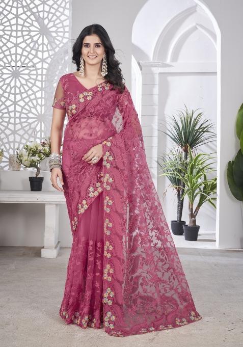 Pink Solid Heavy Butterfly Net Saree Set