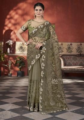 Brown Solid Heavy Butterfly Net Saree Set