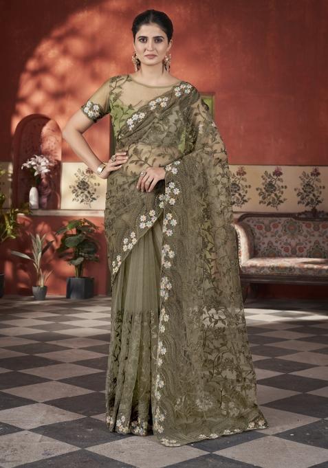 Brown Solid Heavy Butterfly Net Saree Set