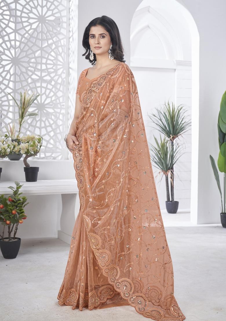 Brown Solid Tissu Net Saree Set - Indya
