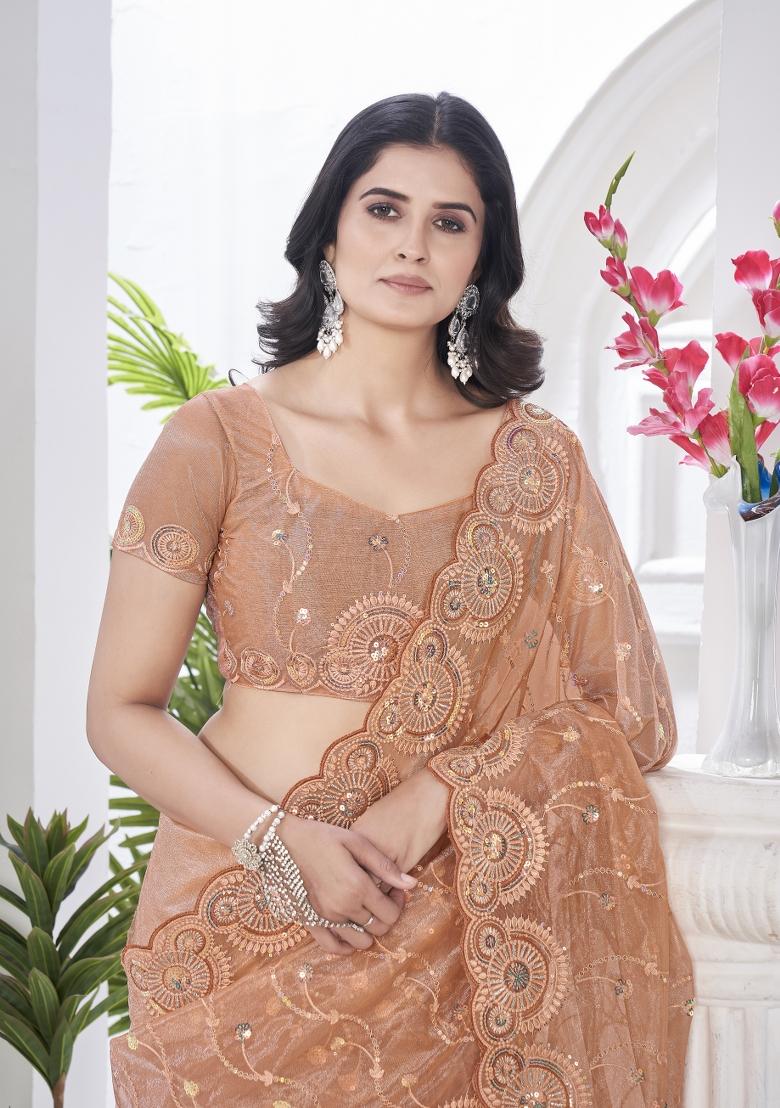 Brown Solid Tissu Net Saree Set