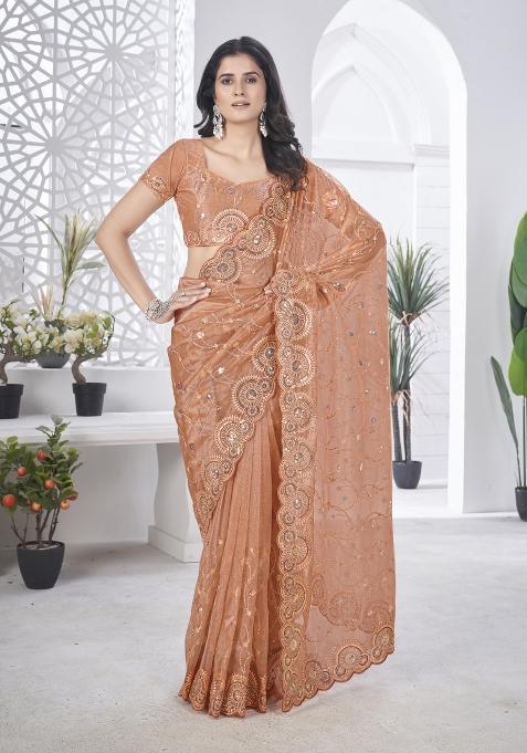 Brown Solid Tissu Net Saree Set