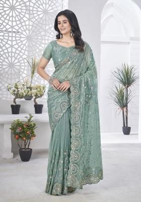 Blue Solid Tissu Net Saree Set