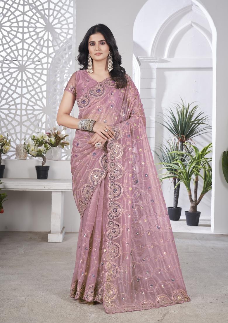 Pink Solid Tissu Net Saree Set