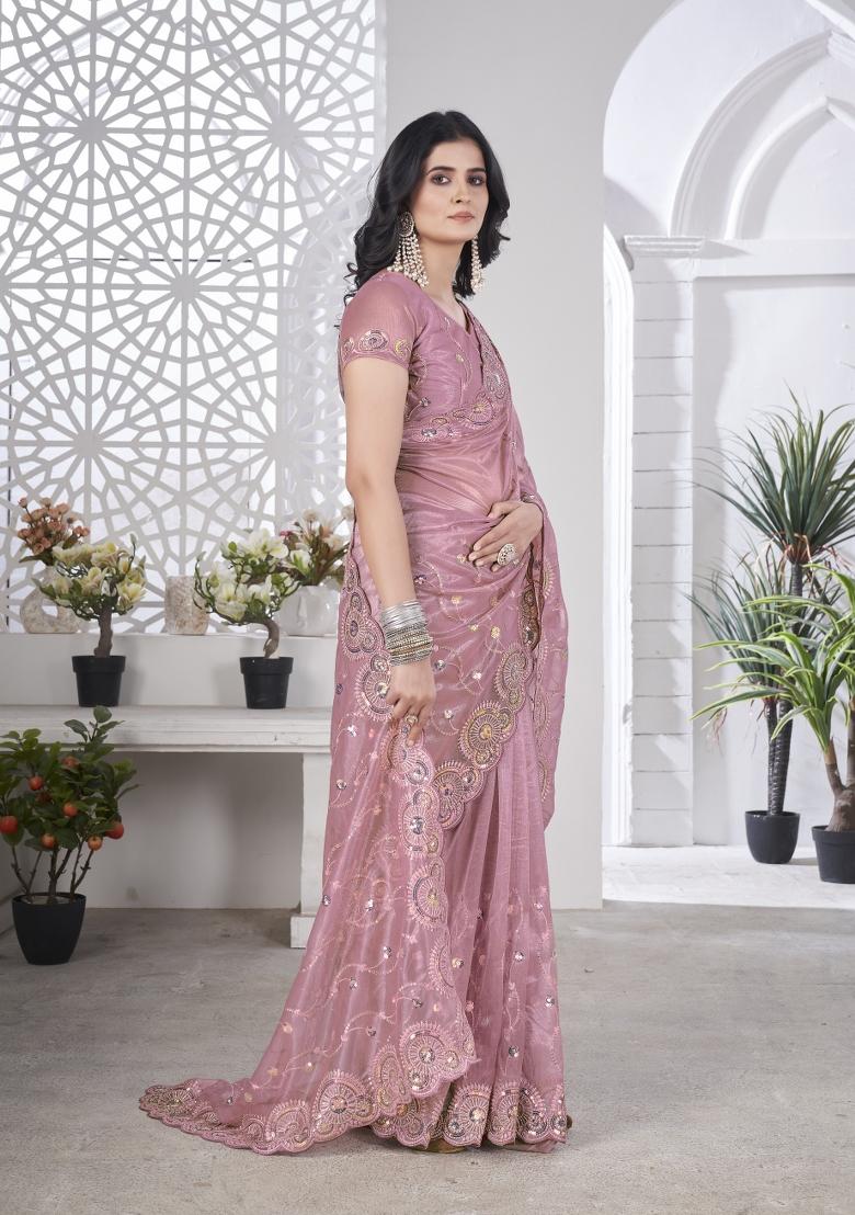 Pink Solid Tissu Net Saree Set