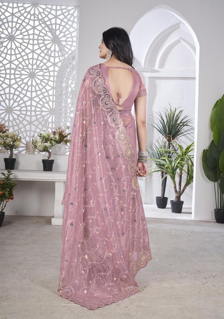 Pink Solid Tissu Net Saree Set