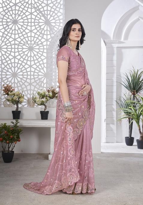 Pink Solid Tissu Net Saree Set