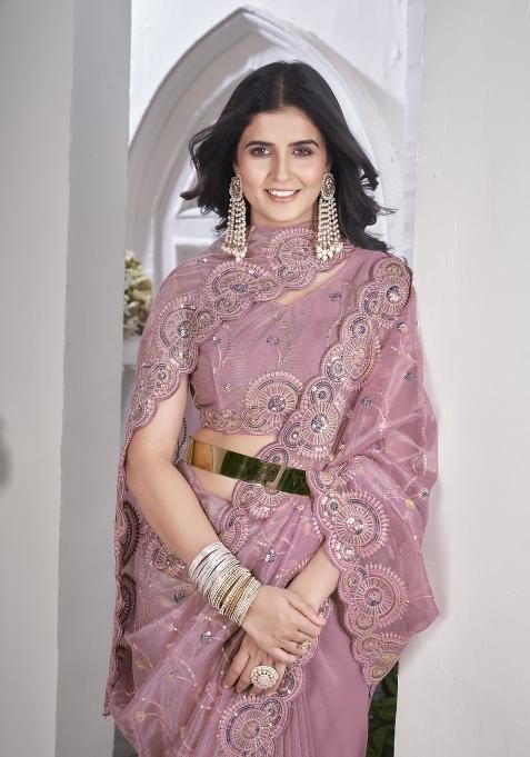 Pink Solid Tissu Net Saree Set