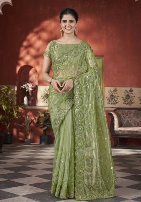 Green Solid Tissu Net Saree Set