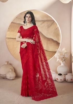 Red Solid Heavy Butterfly Net Saree Set